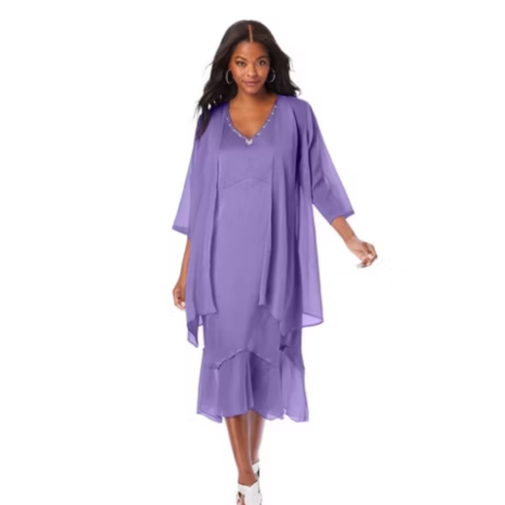 Roaman's Plus Sized 28 W Lavender Jeweled Flowing Draped Coat V Neck Dress